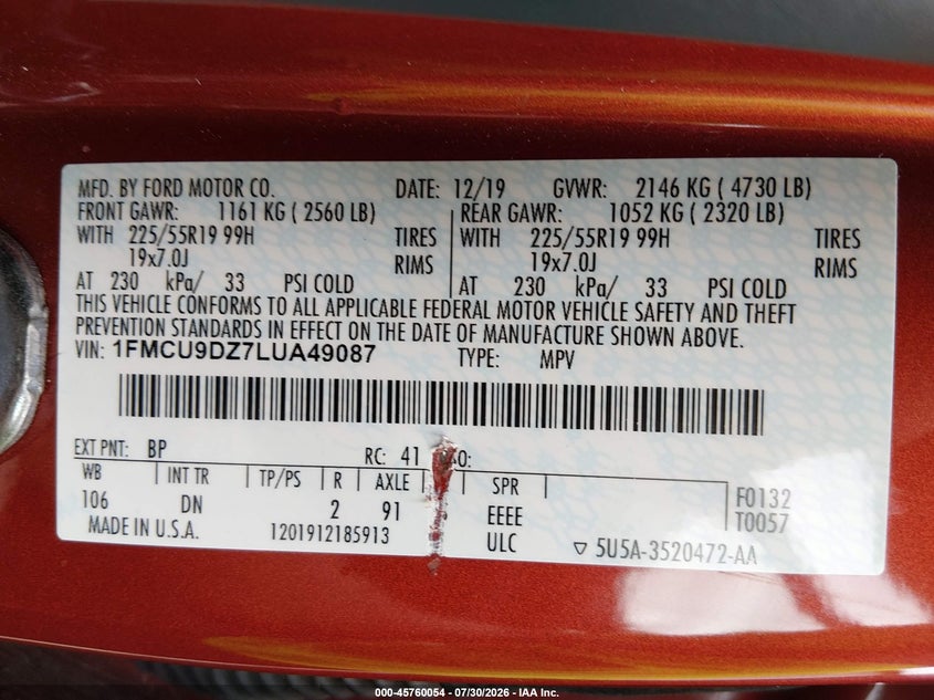 2020 Ford Escape VIN 1FMCU9DZ7LUA49087 IAAI salvage auction — REAR END, Salvage Title, sold $8,500 on 2026-08-21 (photo 9)