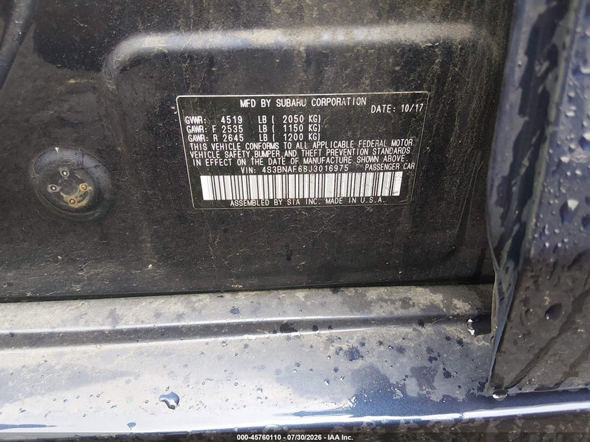 2018 Subaru LEGACY VIN 4S3BNAF68J3016975 IAAI salvage auction — FRONT END, Salvage Title, sold $1,300 on 2026-08-26 (photo 9)