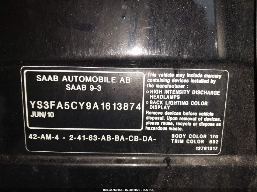 2010 Saab 9-3 VIN YS3FA5CY9A1613874 IAAI salvage auction — FRONT END, Salvage (Connecticut), sold $425 on 2026-08-20 (photo 9)