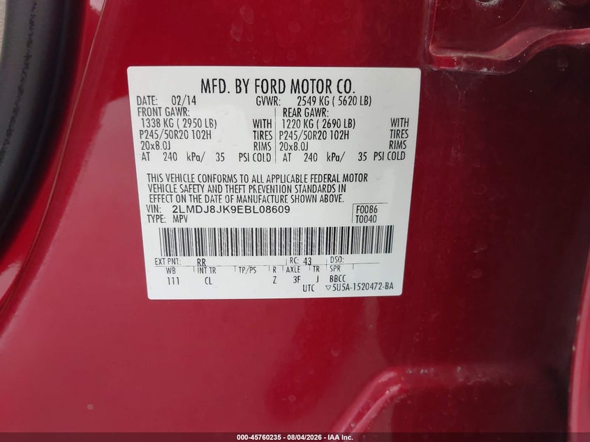 2014 Lincoln Mkx VIN 2LMDJ8JK9EBL08609 IAAI salvage auction — RIGHT SIDE, Salvage Title, sold $875 on 2026-09-01 (photo 9)
