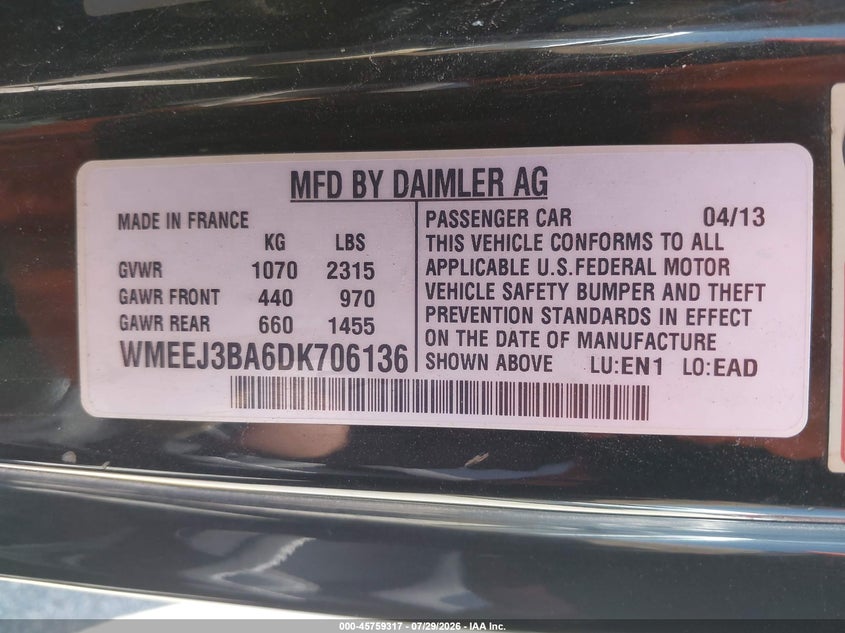 2013 Smart Fortwo VIN WMEEJ3BA6DK706136 IAAI salvage auction — NORMAL WEAR, Clear - Dealer Only (California), sold $25 on 2026-08-04 (photo 9)