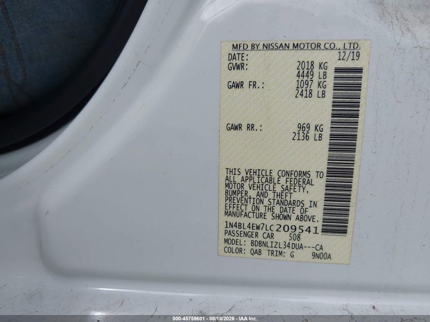 2020 Nissan Altima VIN 1N4BL4EW7LC209541 IAAI salvage auction — FRONT END, Salvage (Idaho), sold $3,200 on 2026-08-23 (photo 9)