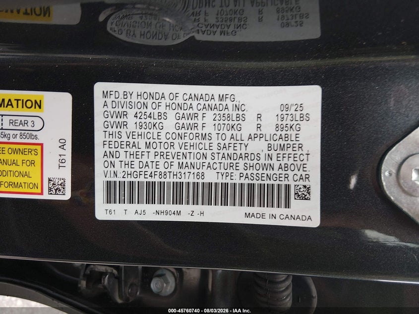 2026 Honda Civic VIN 2HGFE4F88TH317168 IAAI salvage auction — FRONT END, Salvage - Greater Than 75% (Maryland), sold $4,600 on 2026-09-24 (photo 9)
