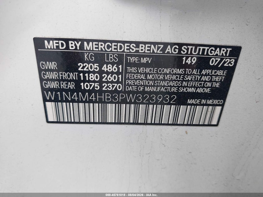 2023 Mercedes-benz Glb VIN W1N4M4HB3PW323932 IAAI salvage auction — FRONT END, Wait Title, sold $11,200 on 2026-08-29 (photo 9)