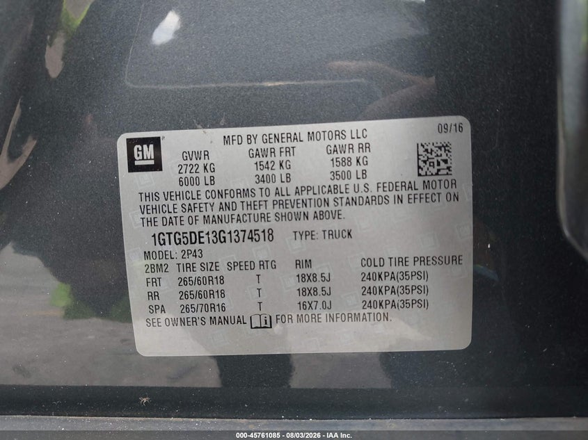 2016 Gmc Canyon VIN 1GTG5DE13G1374518 IAAI salvage auction — FRONT END, Wait Title, sold $3,600 on 2026-08-19 (photo 9)
