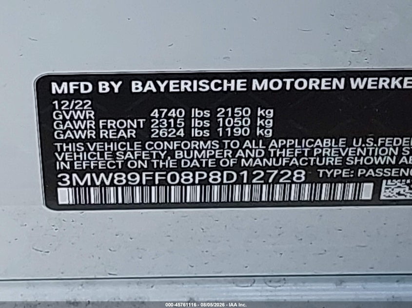 2023 BMW 3er VIN 3MW89FF08P8D12728 IAAI salvage auction — FRONT END, Salvage Title, sold $14,500 on 2026-08-25 (photo 9)