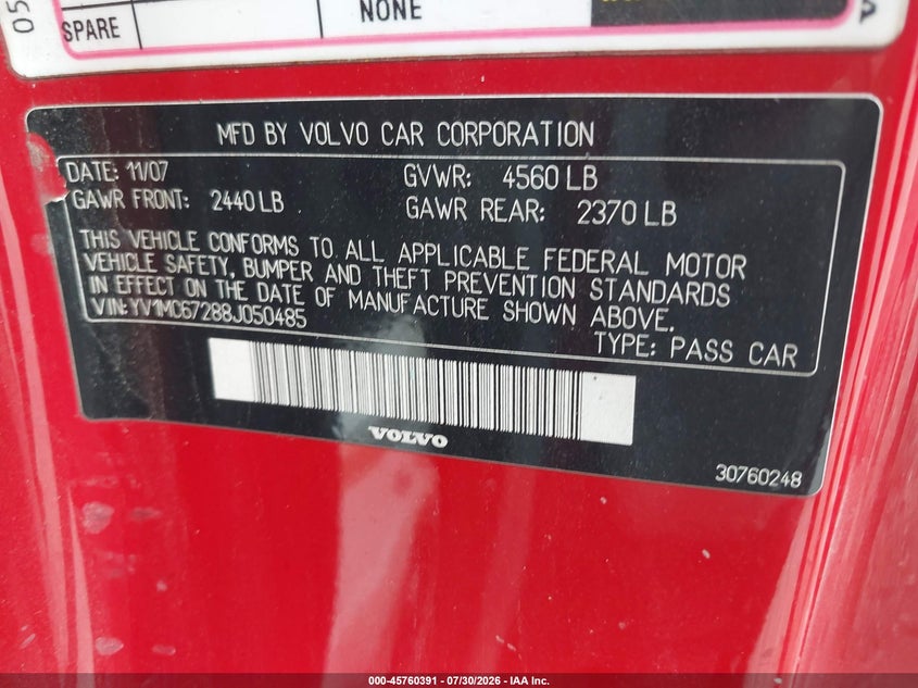 2008 Volvo C70 VIN YV1MC67288J050485 IAAI salvage auction — NORMAL WEAR, Clear (Alabama), sold $450 on 2026-08-05 (photo 9)