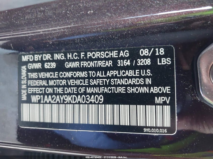 2019 Porsche Cayenne VIN WP1AA2AY9KDA03409 IAAI salvage auction — LEFT FRONT, Salvage Title, sold $10,600 on 2026-08-13 (photo 9)