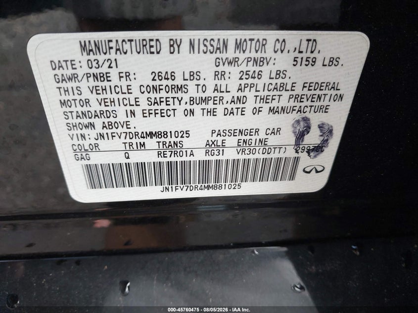 2021 Infiniti Q50 VIN JN1FV7DR4MM881025 IAAI salvage auction — SIDE, Salvage (Virginia), sold $6,100 on 2026-08-22 (photo 9)
