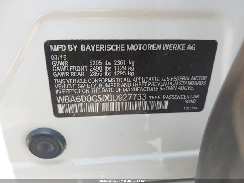 2016 BMW 6er VIN WBA6D0C50GD927733 IAAI salvage auction — FRONT END, Salvage (Texas), sold $7,700 on 2026-08-25 (photo 9)