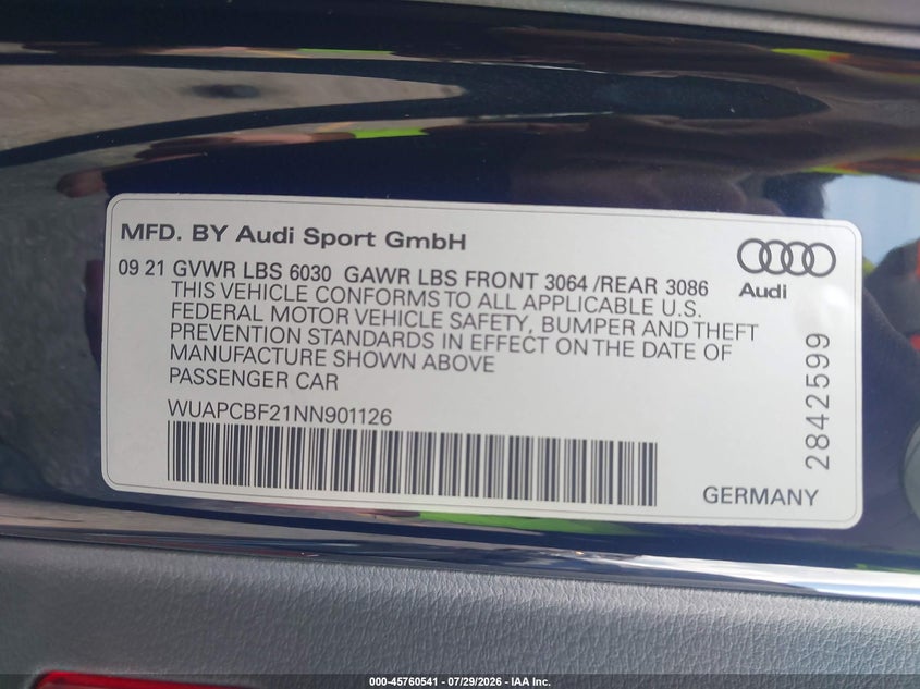 2022 Audi Rs7 VIN WUAPCBF21NN901126 IAAI salvage auction — FRONT END, Salvage Title, sold $42,000 on 2026-08-17 (photo 9)