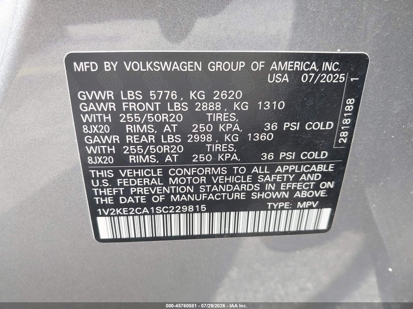 2025 Volkswagen Atlas cross sport VIN 1V2KE2CA1SC229815 IAAI salvage auction — RIGHT FRONT, Salvage Title, sold $14,275 on 2026-08-12 (photo 9)