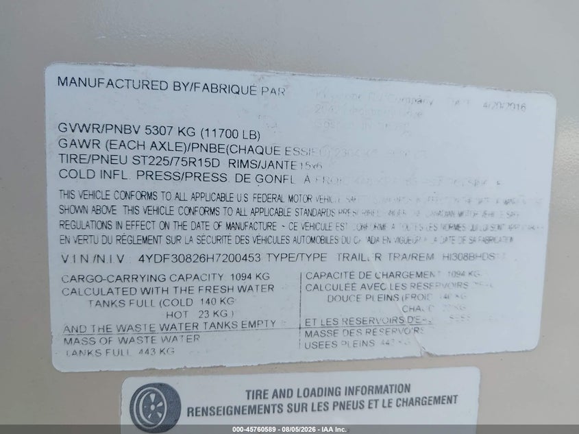 2017 Keystone Rv other VIN 4YDF30826H7200453 IAAI salvage auction — STORM DAMAGE, Clear (North Dakota), sold $1,825 on 2026-09-16 (photo 9)