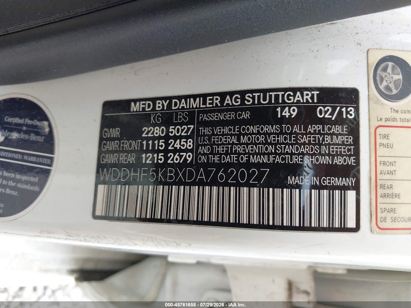2013 Mercedes-benz E-class VIN WDDHF5KBXDA762027 IAAI salvage auction — RIGHT FRONT, Clear (Alabama), sold $2,100 on 2026-08-06 (photo 9)