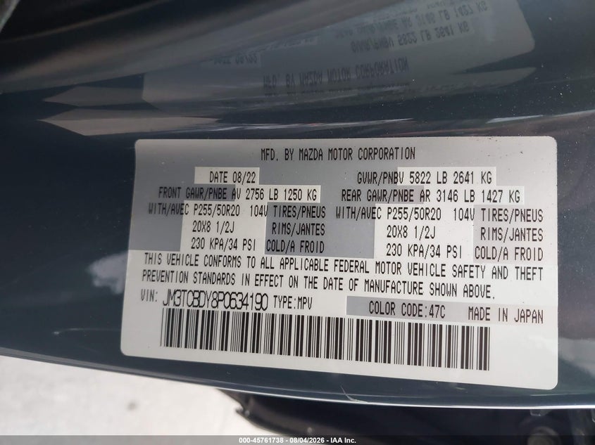 2023 Mazda Cx-9 VIN JM3TCBDY8P0634190 IAAI salvage auction — SIDE, Salvage Title, sold $10,750 on 2026-09-02 (photo 9)
