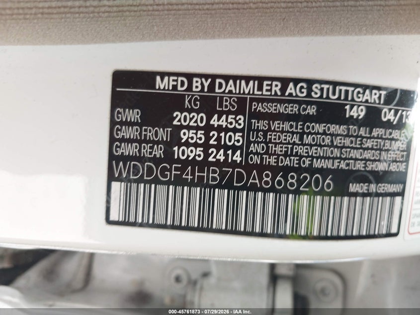 2013 Mercedes-benz C-klasse VIN WDDGF4HB7DA868206 IAAI salvage auction — NORMAL WEAR, Clear (Florida), sold $600 on 2026-08-06 (photo 9)