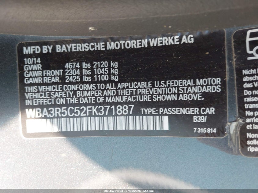 2015 BMW 4er VIN WBA3R5C52FK371887 IAAI salvage auction — LEFT FRONT, Wait Title, sold $8,400 on 2026-08-27 (photo 9)