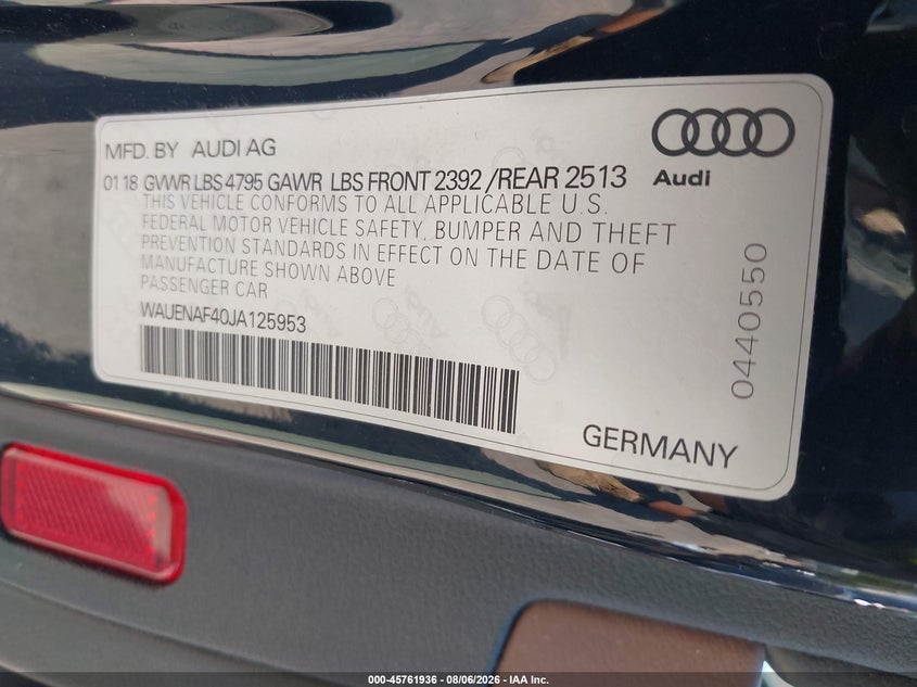 2018 Audi A4 VIN WAUENAF40JA125953 IAAI salvage auction — FRONT END, Salvage Title, sold $4,950 on 2026-08-16 (photo 9)