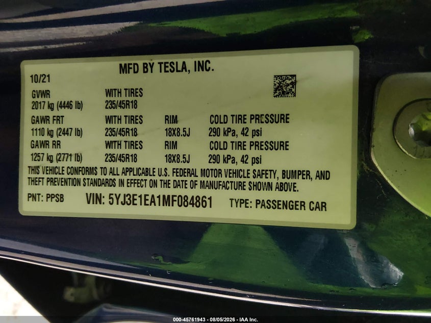 2021 Tesla Model 3 VIN 5YJ3E1EA1MF084861 IAAI salvage auction — SIDE, Salvage (Kansas), sold $5,300 on 2026-08-24 (photo 9)
