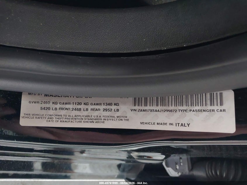2018 Maserati Ghibli VIN ZAM57XSA4J1299872 IAAI salvage auction — REAR END, Wait Title, sold $4,250 on 2026-08-29 (photo 9)