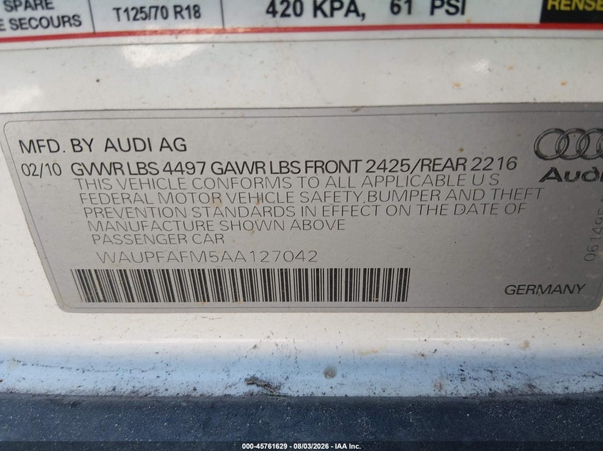 2010 Audi A3 VIN WAUPFAFM5AA127042 IAAI salvage auction — NORMAL WEAR, Clear (Florida), sold $675 on 2026-08-14 (photo 9)