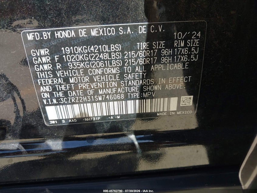 2025 Honda Hr-v VIN 3CZRZ2H31SM746068 IAAI salvage auction — RIGHT FRONT, Salvage Title, sold $7,700 on 2026-08-19 (photo 9)