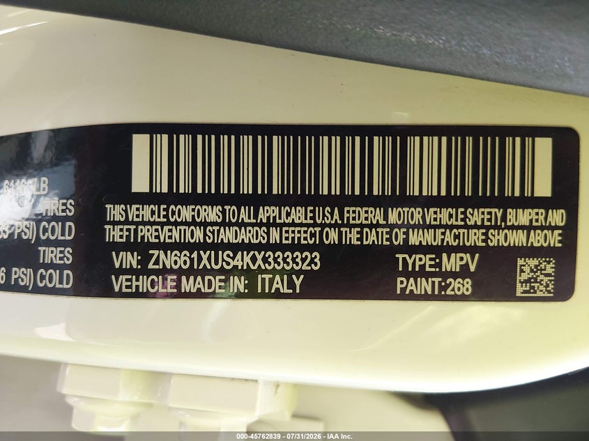 2019 Maserati Levante VIN ZN661XUS4KX333323 IAAI salvage auction — FRONT END, Salvage Title, sold $3,950 on 2026-08-29 (photo 9)