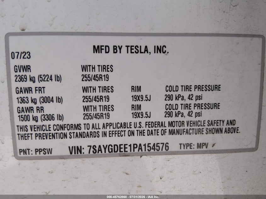 2023 Tesla Model y VIN 7SAYGDEE1PA154576 IAAI salvage auction — FRONT END, Salvage Title, sold $15,375 on 2026-09-08 (photo 9)