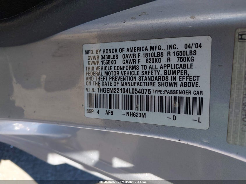 2004 Honda Civic VIN 1HGEM22104L054075 IAAI salvage auction — FRONT & REAR, Salvage Certificate (California), sold $650 on 2026-08-23 (photo 9)