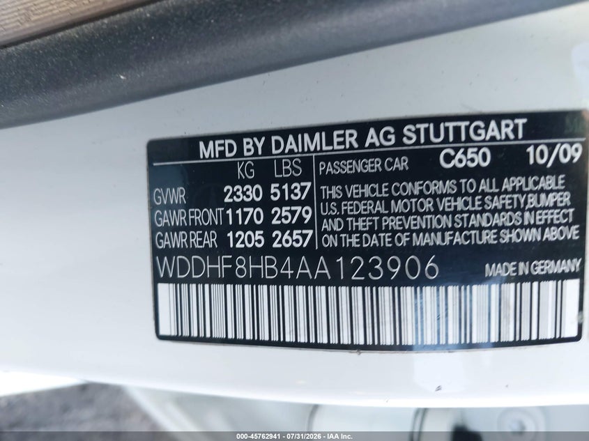 2010 Mercedes-benz E-class VIN WDDHF8HB4AA123906 IAAI salvage auction — FRONT & REAR, Clear (Massachusetts), sold $500 on 2026-08-07 (photo 9)