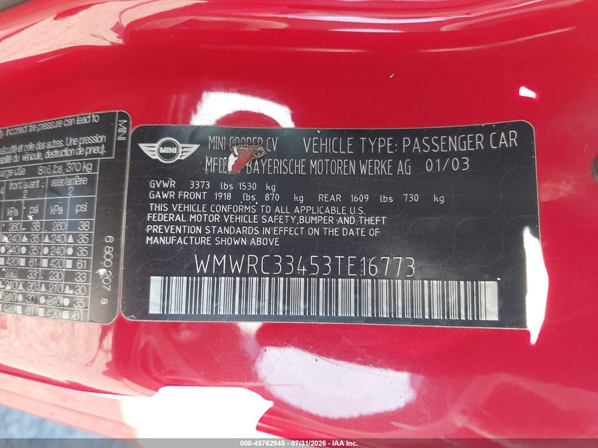 2003 Mini Cooper VIN WMWRC33453TE16773 IAAI salvage auction — NORMAL WEAR, Rebuilt-Non-Public (Washington), sold $275 on 2026-08-14 (photo 9)