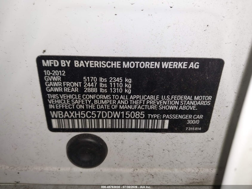 2013 BMW 5 series VIN WBAXH5C57DDW15085 IAAI salvage auction — NORMAL WEAR, Clear (New York), sold $25 on 2026-08-04 (photo 9)