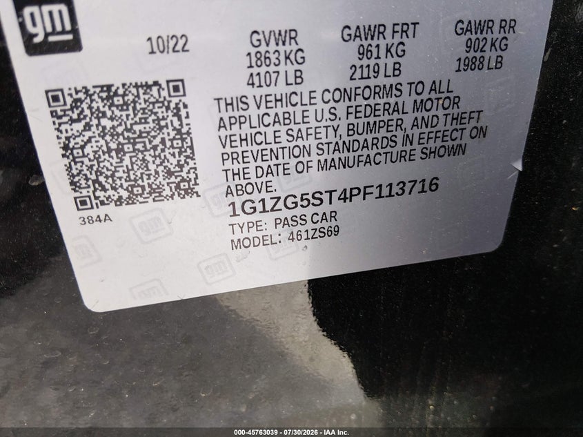 2023 Chevrolet Malibu VIN 1G1ZG5ST4PF113716 IAAI salvage auction — NORMAL WEAR, Salvage Title, sold $2,450 on 2026-08-23 (photo 9)