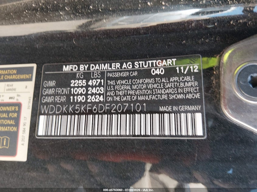 2013 Mercedes-benz E-klasse VIN WDDKK5KF6DF207101 IAAI salvage auction — FRONT END, Wait Title, sold $300 on 2026-08-13 (photo 9)