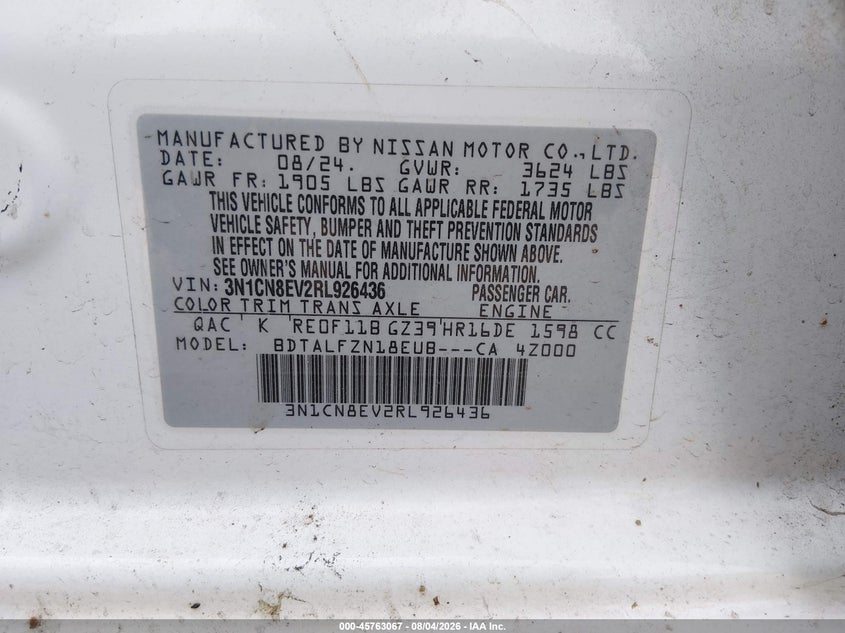2024 Nissan Versa VIN 3N1CN8EV2RL926436 IAAI salvage auction — SIDE, Wait Title, sold $10,075 on 2026-08-25 (photo 9)