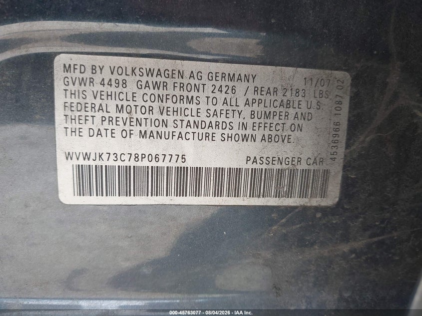 2008 Volkswagen Passat VIN WVWJK73C78P067775 IAAI salvage auction — RIGHT FRONT, Salvage (Pennsylvania), sold $375 on 2026-08-14 (photo 9)