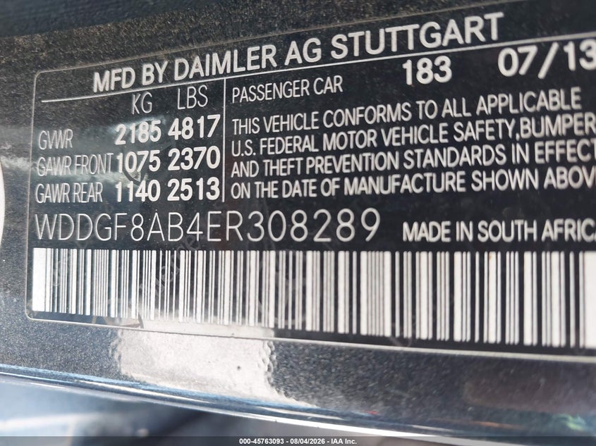 2014 Mercedes-benz C class VIN WDDGF8AB4ER308289 IAAI salvage auction — NORMAL WEAR, Original (Maine), sold $1,050 on 2026-08-10 (photo 9)