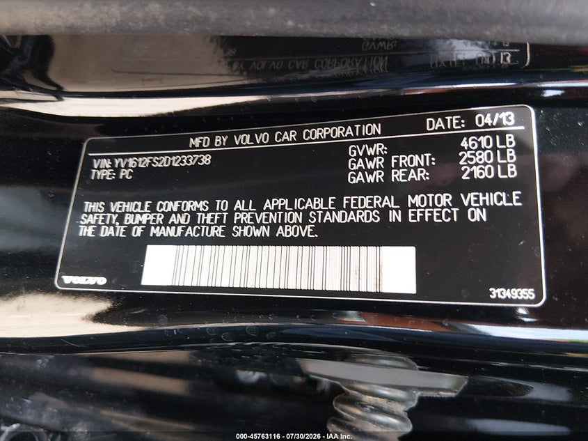 2013 Volvo S60 VIN YV1612FS2D1233738 IAAI salvage auction — REAR END, Salvage Title, sold $350 on 2026-08-11 (photo 9)