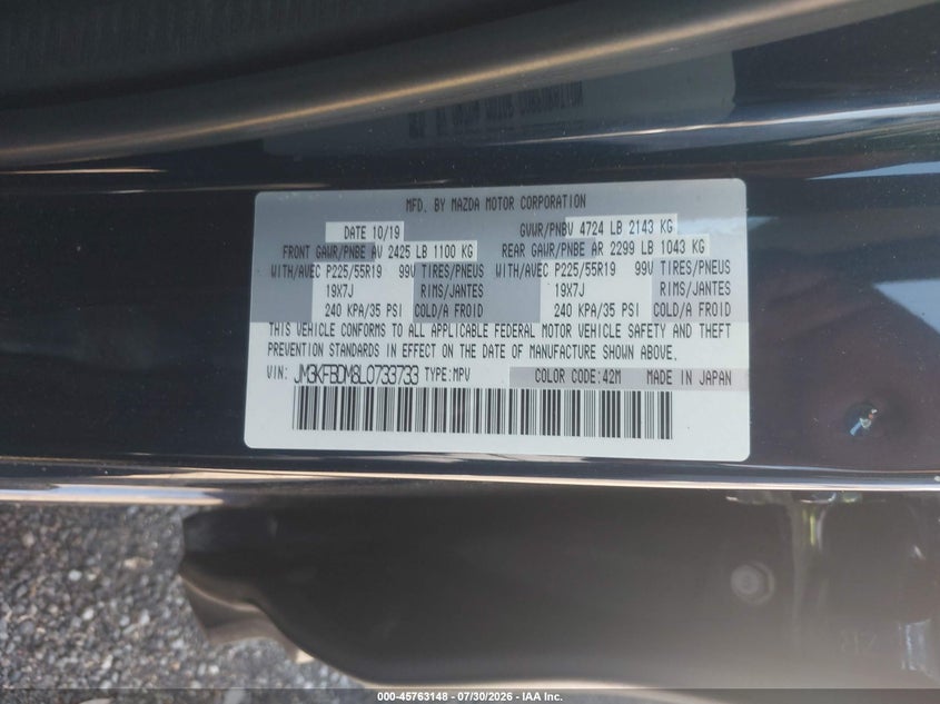 2020 Mazda Cx-5 VIN JM3KFBDM8L0733733 IAAI salvage auction — REAR END, Salvage Title, sold $6,650 on 2026-09-10 (photo 9)