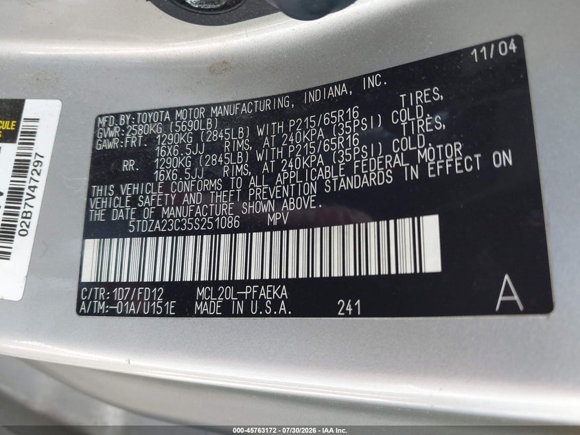 2005 Toyota Sienna VIN 5TDZA23C35S251086 IAAI salvage auction — NORMAL WEAR, Clear (New York), sold $675 on 2026-08-02 (photo 9)
