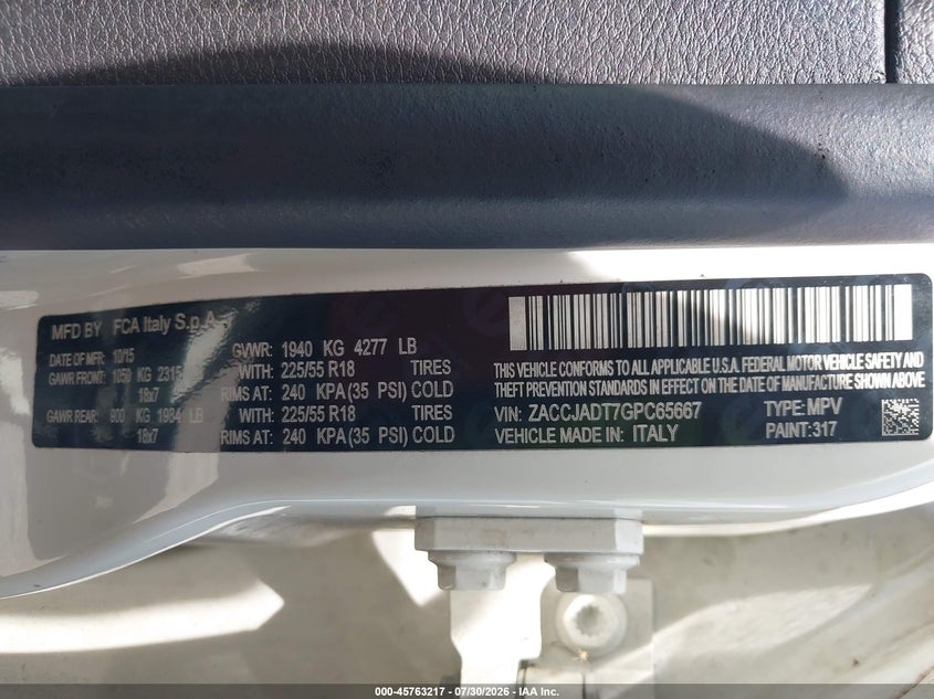 2016 Jeep Renegade VIN ZACCJADT7GPC65667 IAAI salvage auction — NORMAL WEAR, Clear (Florida), sold $1,675 on 2026-08-06 (photo 9)