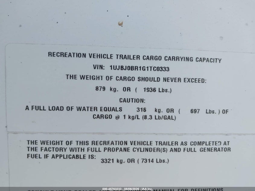 2016 Jayco Other VIN 1UJBJ0BR1G1TC0333 IAAI salvage auction — SIDE, Clear (North Dakota), sold $375 on 2026-09-15 (photo 9)