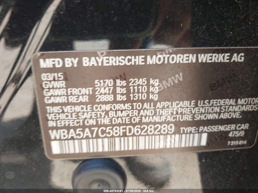2015 BMW 5er VIN WBA5A7C58FD628289 IAAI salvage auction — FRONT END, Salvage Title, sold $4,050 on 2026-08-14 (photo 9)