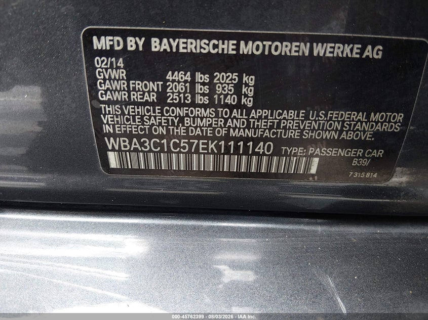 2014 BMW 3er VIN WBA3C1C57EK111140 IAAI salvage auction — FRONT END, Salvage (North Carolina), sold $425 on 2026-08-17 (photo 9)