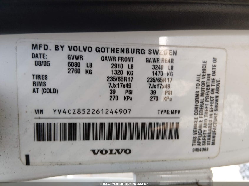 2006 Volvo Xc90 VIN YV4CZ852261244907 IAAI salvage auction — NORMAL WEAR, Clear - Public Restricted (Oregon), sold $325 on 2026-08-10 (photo 9)