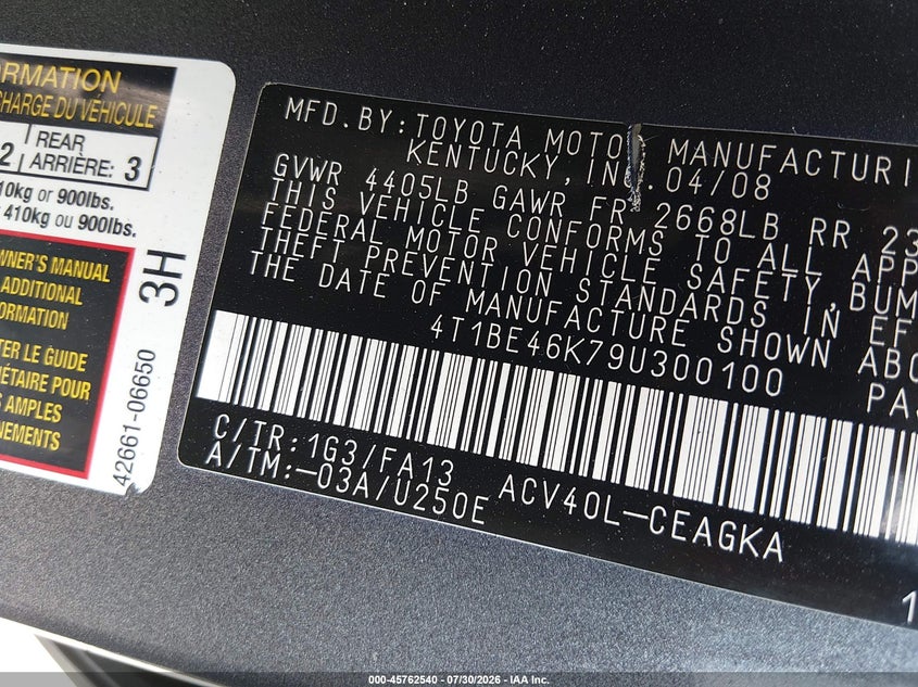 2009 Toyota Camry VIN 4T1BE46K79U300100 IAAI salvage auction — LEFT SIDE, Original (Texas), sold $900 on 2026-08-09 (photo 9)