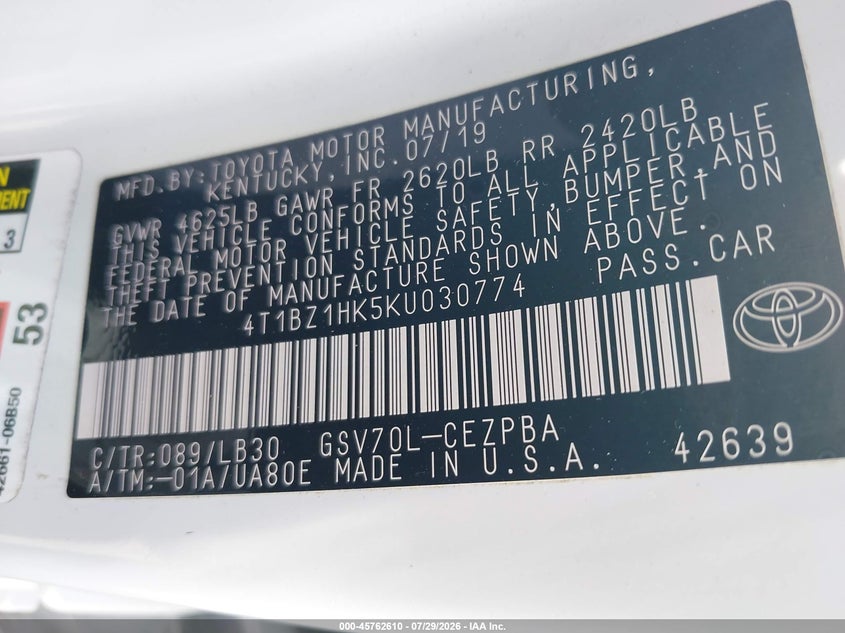 2019 Toyota Camry VIN 4T1BZ1HK5KU030774 IAAI salvage auction — WATER/FLOOD, Salvage Certificate (California), sold $11,700 on 2026-08-02 (photo 9)
