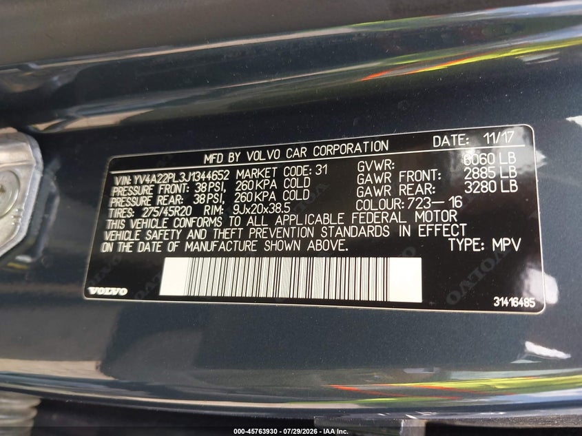 2018 Volvo Xc90 VIN YV4A22PL3J1344652 IAAI salvage auction — NORMAL WEAR, Salvage Title, sold $6,925 on 2026-08-19 (photo 9)