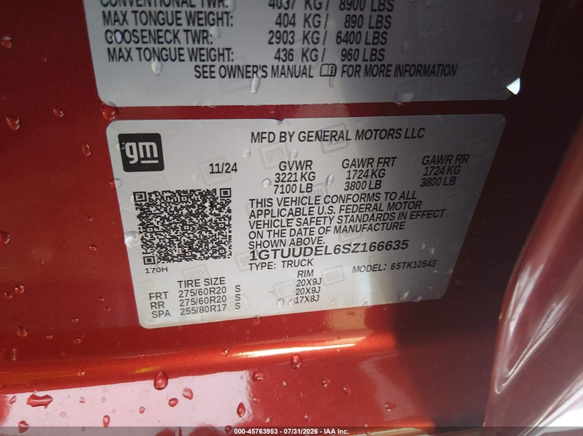 2025 Gmc SIERRA VIN 1GTUUDEL6SZ166635 IAAI salvage auction — RIGHT FRONT, Wait Title, sold $24,325 on 2026-09-23 (photo 9)