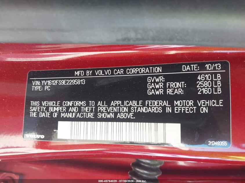 2014 Volvo S60 VIN YV1612FS9E2295813 IAAI salvage auction — RIGHT FRONT, Salvage Title, sold $700 on 2026-08-19 (photo 9)